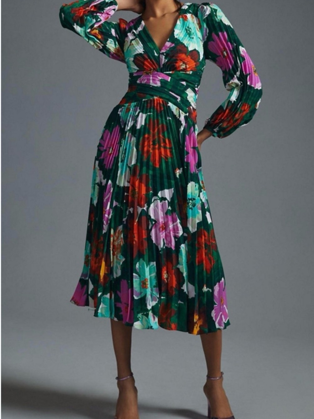 Anthropologie Emerald Green Floral Pleated Midi Dress
